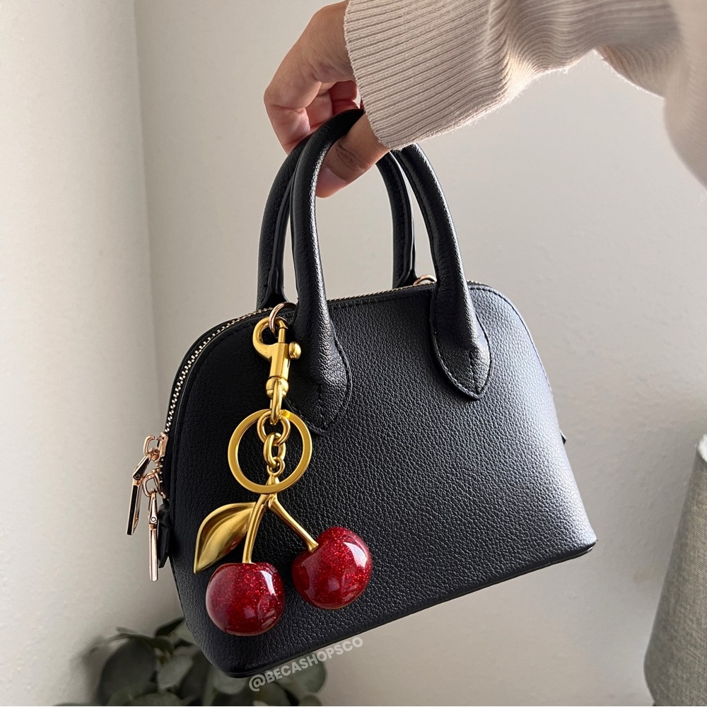 Black Women's Dome Satchel Bag with Red Cherry Charm